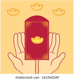 Congratulations with a red envelope in both hands.To celebrate Chinese New Year.Greeting Card. Vector flat illustration for web, landing page, banner, editorial, mobile app.