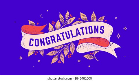 Congratulations. Retro greeting card with ribbon and text congratulations. Old ribbon banner in engraving style. Old school vintage ribbon for greeting card Congratulations. Vector Illustration