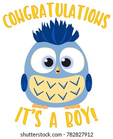 Congratulations it s a boy colorful poster. Cute baby boy owl. Birthday themed flat vector illustration for gift card, flyer, certificate or banner