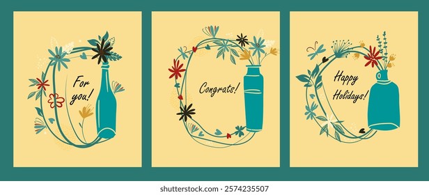 Congratulations. Set of cards with a vase. hand drawing. Not AI, Vector illustration.