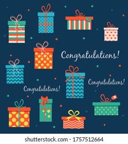 Congratulations set of different presents for holiday on dark background
