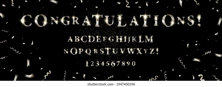 Congratulations. Silver Glitter Font On Black Background. Modern Decorative Alphabet For Festive Design. Glamour Sequins Letters And Numbers. Vector