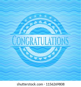Congratulations sky blue water wave emblem background.