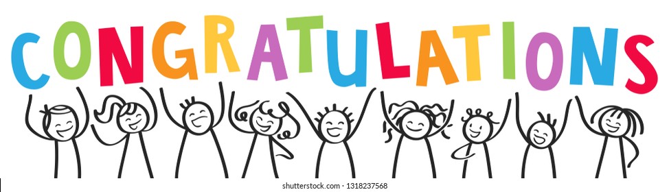 CONGRATULATIONS, smiling group of stick figures cheering with colorful letters, isolated on white background