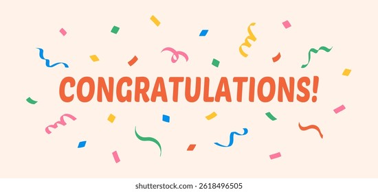 Congratulations text, banner. The inscription congratulations with multi-colored confetti of multicolored lines, ribbons, squiggles on a light background, flat style