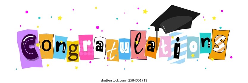 Congratulations text colorful cute design with graduation hat on white background. Vector illustration.