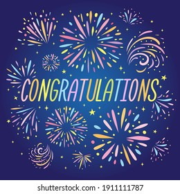 Congratulations Text With Colorful Fireworks And Dark Blue Background. Festive Salute In Night Sky. Vector Illustration