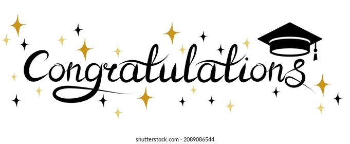 Congratulations text with golden stars and academic cap. Congrats Graduated. Hand drawn elegant modern calligraphy. Design for greeting cards and invitations. Vector illustration.
