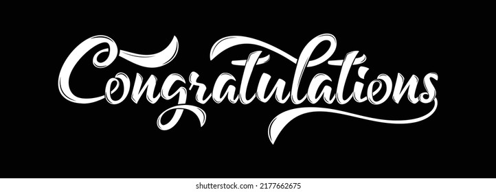 Congratulations text. Handwritten modern brush lettering in white color on a black background suitable for cards, T-shirt print, banners, or posters. Isolated vector