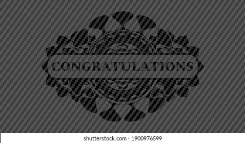 Congratulations text inside carbon fiber realistic emblem. Polymer texture fancy background. Illustration. 