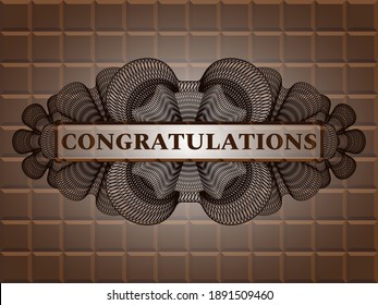 Congratulations text inside Linear currency chocolate realistic emblem. Brown fancy background. Illustration. 