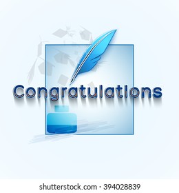 Congratulations text with mortars and quill pen with ink pot. Vector.