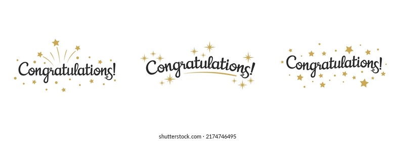 Congratulations typographic design. Lettering, Handwritten, Vector Illustration for greeting. Inscription with Gold Fireworks. Card, Poster, Print, Greeting Card, Invitation, Banner.