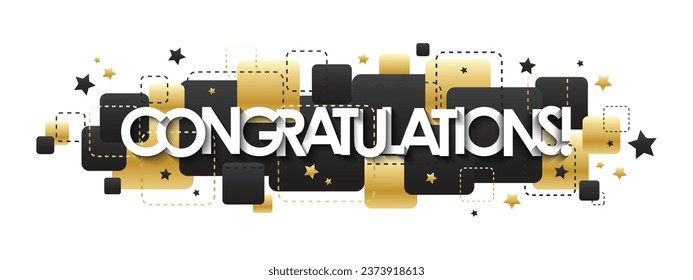 CONGRATULATIONS! typography on black and metallic gold squares with stars on white background 