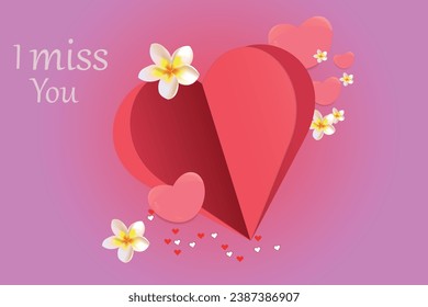 Congratulations to Valentine's Day. Red paper heart with delicate plumeria flowers on a pink background. Vector illustration.