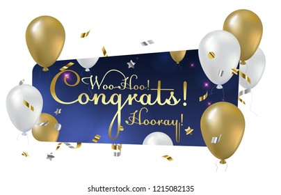 Congratulations vector illustration. Happy Birthday! You are invited to a party! Balloons, streamers, confetti, gold and silver. Congrats on the holiday.