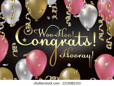 Congratulations vector illustration. Happy Birthday! You are invited to a party! Balloons, streamers, confetti, gold and silver. Congrats on the holiday.