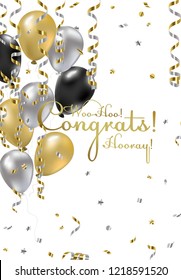 Congratulations vector illustration. Happy Birthday! You are invited to a party! Balloons, streamers, confetti, gold and silver. Congrats on the holiday