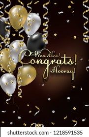 Congratulations vector illustration. Happy Birthday! You are invited to a party! Balloons, streamers, confetti, gold and silver. Congrats on the holiday