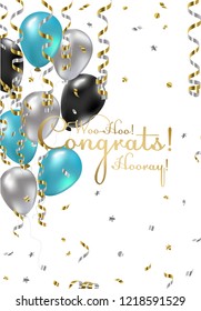 Congratulations vector illustration man. Happy Birthday boy! You are invited to a party! Balloons, streamers, confetti, gold and silver. Congrats on the holiday