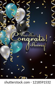 Congratulations vector illustration man. Happy Birthday boy! You are invited to a party! Balloons, streamers, confetti, gold and silver. Congrats on the holiday
