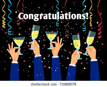 Congratulations vector poster with hands holding drinking glasses and serpentine on dark background