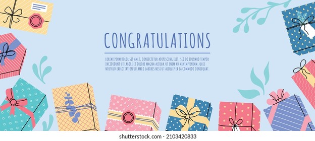 Congratulations web banner with gifts in scandinavian style. Banner with Gift different boxes, green branches. Horizontal poster, greeting cards, headers website