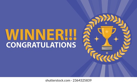 Congratulations winner announcement concept vector banner design with trophy cup icon, geometric shapes pattern and typography in yellow and white. winner modern minimal graphic poster illustration.