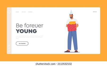 Congratulations, Wishes Landing Page Template. Cheerful Male Character in Festive Hat Celebrating Birthday, Surprise Party. Happy Man Holding Pile of Gift Boxes. Cartoon People Vector Illustration