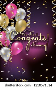 Congratulations woman vector illustration. Happy Birthdaygirl! You are invited to a party! Balloons, streamers, confetti, gold and silver. Congrats on the holiday