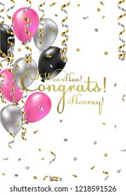 Congratulations woman vector illustration. Happy Birthdaygirl! You are invited to a party! Balloons, streamers, confetti, gold and silver. Congrats on the holiday
