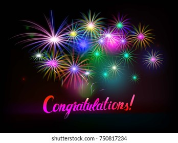 Congratulations Word With Fireworks. Vector illustration