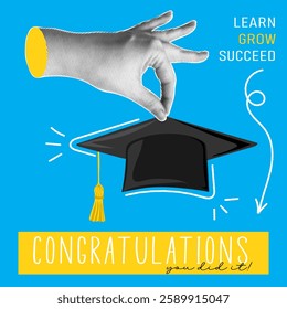 Congratulations, you did it. Trendy halftone collage banner with hand holding graduate cap. Happy graduation day. Modern retro style.  Vector illustration.