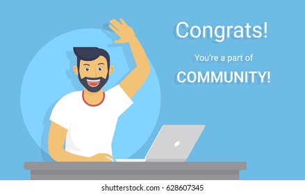 Congratulations you are a part of community. Flat vector illustration of young happy guy working with laptop and surprised to win online contest. New great idea and smiling man web banner design