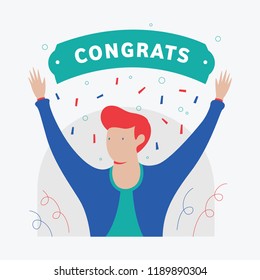 congratulations. you win. celebration of a man. celebration of a girl. surprise. flat vector design. vector illustration