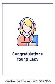 Felicitaciones, tarjeta de felicitación de la joven con elemento de icono de color. Implicar los esfuerzos de los jóvenes. Diseño vectorial de postales. Volante decorativo con ilustración creativa. Notecard con mensaje de felicitación