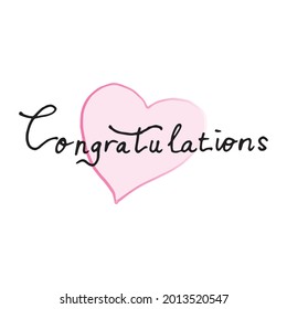 congratulations-hand drawn lettering with pink heart illustration on white background. simple and elegant. celebration, greeting card. doodle art for poster, banner, card, sticker. online greeting.
