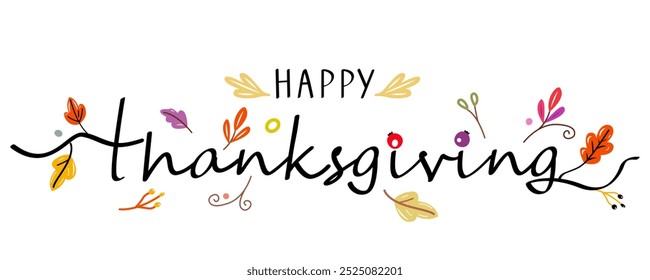 Congratulatory autumn banner Happy Thanksgiving Day. lettering and autumn leaves. flat vector illustration on white background