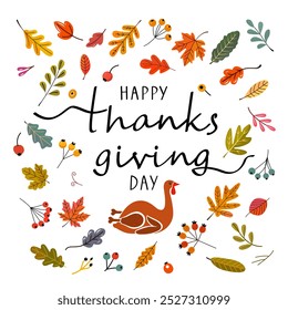 Congratulatory autumn banner Happy Thanksgiving Day. lettering and autumn leaves. flat vector illustration on white background