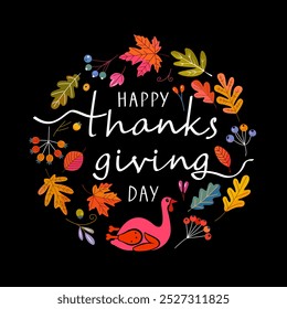 Congratulatory autumn banner Happy Thanksgiving Day. lettering and autumn leaves. flat vector illustration on white background