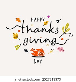 Congratulatory autumn banner Happy Thanksgiving Day. lettering and autumn leaves. flat vector illustration on white background