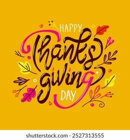 Congratulatory autumn banner Happy Thanksgiving Day. lettering and autumn leaves. flat vector illustration on white background