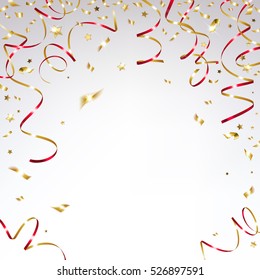 congratulatory background with gold confetti and festive red  ribbons 