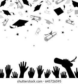 congratulatory background on graduation with caps and diplomas and confetti of stars