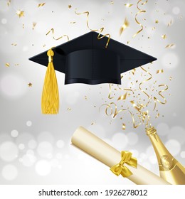 congratulatory banner about getting an education with a bottle of champagne and gold confetti on a silver background