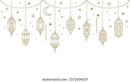 Congratulatory banner or card with Muslim holiday Ramadan. Oriental lanterns, half moon and stars. Vector illustration isolated on light background