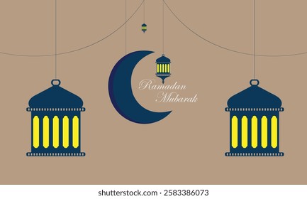 Congratulatory banner or card with Muslim holiday Ramadan. Oriental lanterns, half moon and stars. Vector illustration isolated on light background.