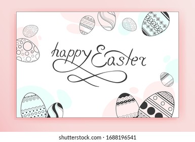 Congratulatory banner for the celebration of Easter. Vector spring greeting card with decorative eggs. Flat minimalistic image in pastel colors. Contour icons of easter eggs with ornament. 