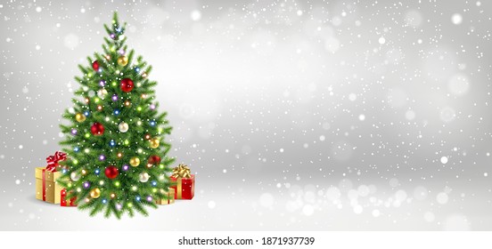 Congratulatory banner with Christmas tree and gifts