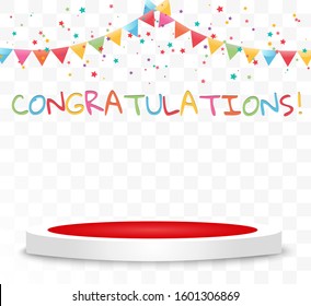 Congratulatory banner with colored confetti and stars on a transparent background.Vector illustration.